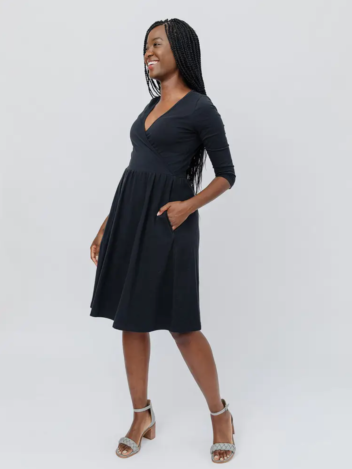 Callie A-Line 3/4 Sleeve Knee Length Wrap Dress Black - Belle + Blossom