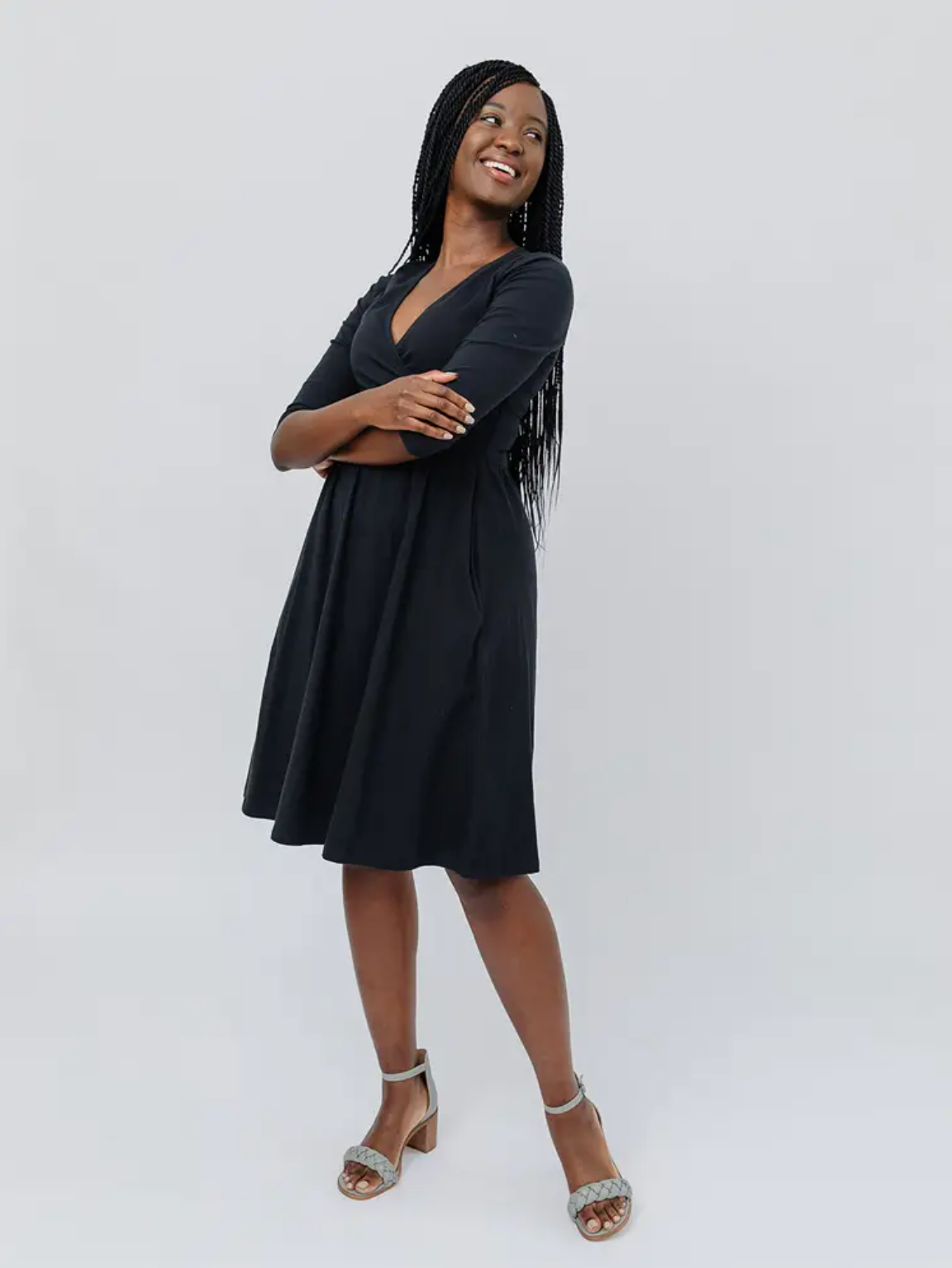 Callie A-Line 3/4 Sleeve Knee Length Wrap Dress Black - Belle + Blossom