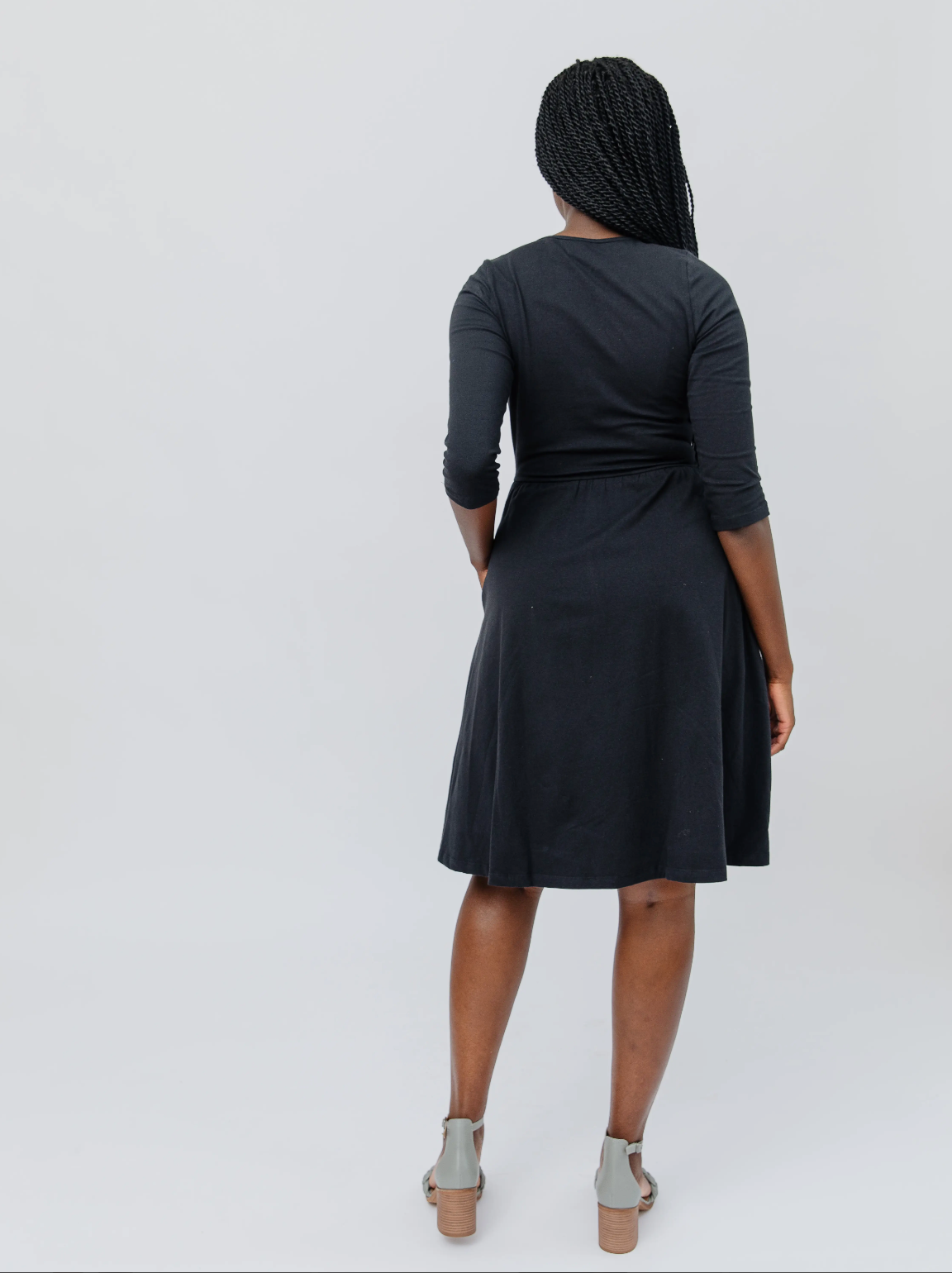 Callie A-Line 3/4 Sleeve Knee Length Wrap Dress Black - Belle + Blossom