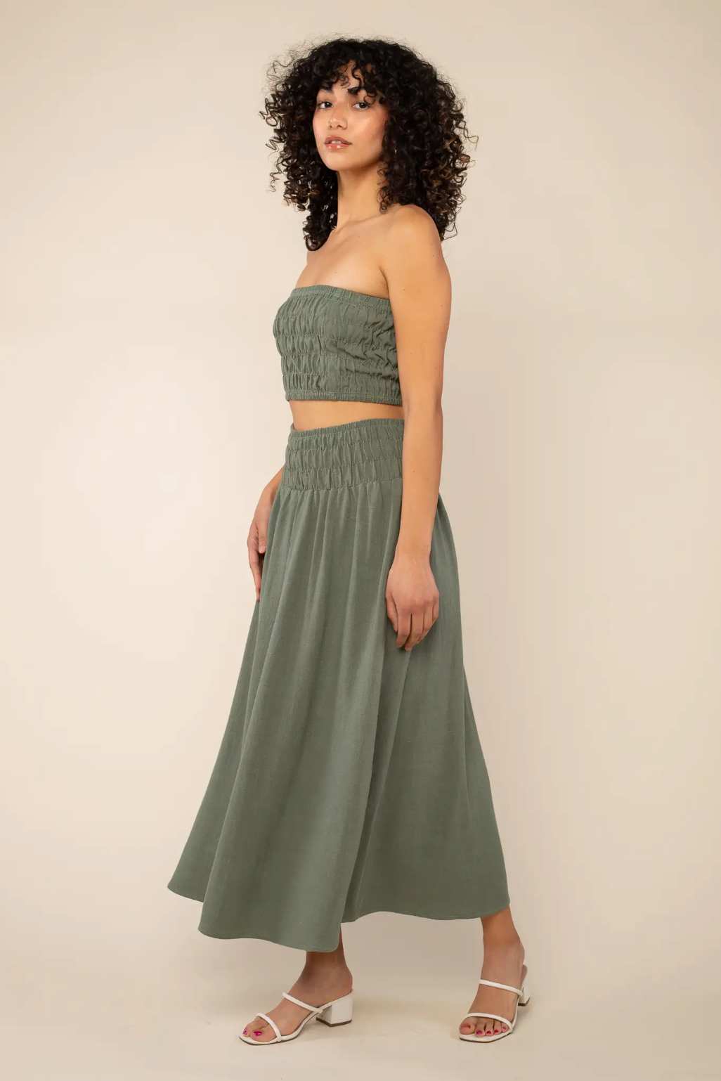 Emma Linen Strapless Smocked Crop Top Sage - Belle + Blossom