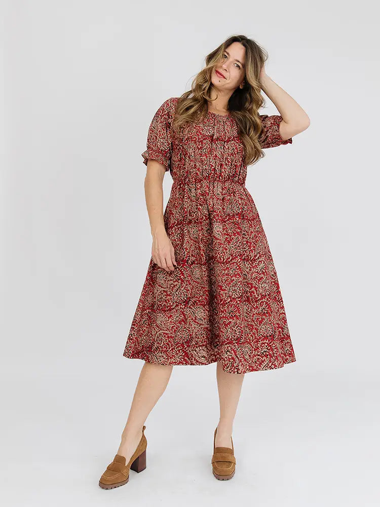 Santo A-Line Midi Short Sleeve Dress Red - Belle + Blossom