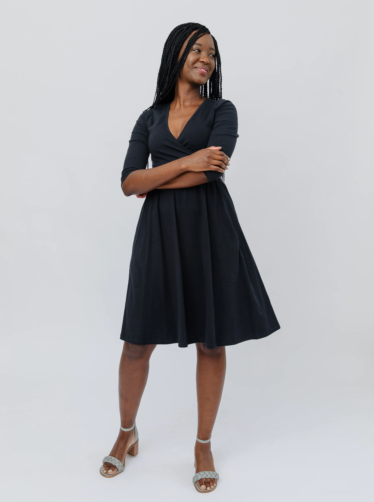 Callie A-Line 3/4 Sleeve Knee Length Wrap Dress Black - Belle + Blossom
