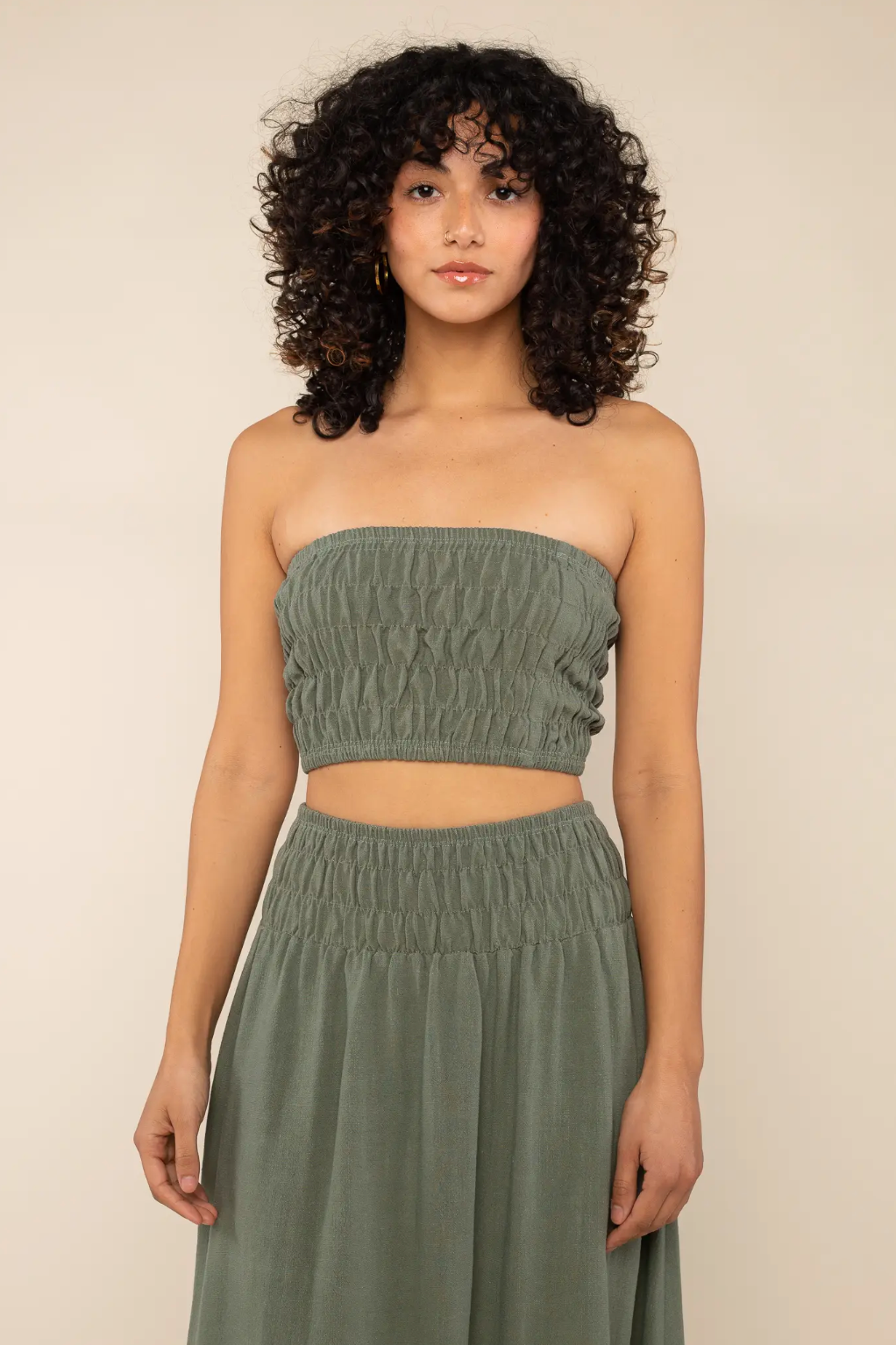 Emma Linen Strapless Smocked Crop Top Sage - Belle + Blossom